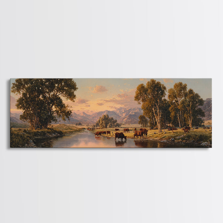 Pastoral River Cattle Valley Wall Art, Mountain Ranch Landscape Canvas, Western Farmhouse Print, Rustic Home Decor, Large Living Room Decor