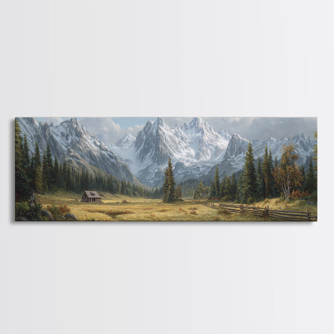Alpine Meadow Cabin And Snowy Mountains Framed Canvas Print, Landscape Wall Art, Rustic Farmhouse Living Room Decor Gift