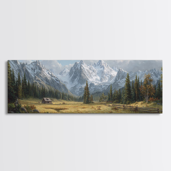 Alpine Meadow Cabin And Snowy Mountains Framed Canvas Print, Landscape Wall Art, Rustic Farmhouse Living Room Decor Gift