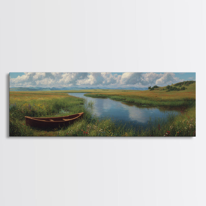 Peaceful Meadow River Boat Wall Art, Panoramic Landscape Canvas Print, Lake House Decor, Nature Wall Decor, Above Sofa Art