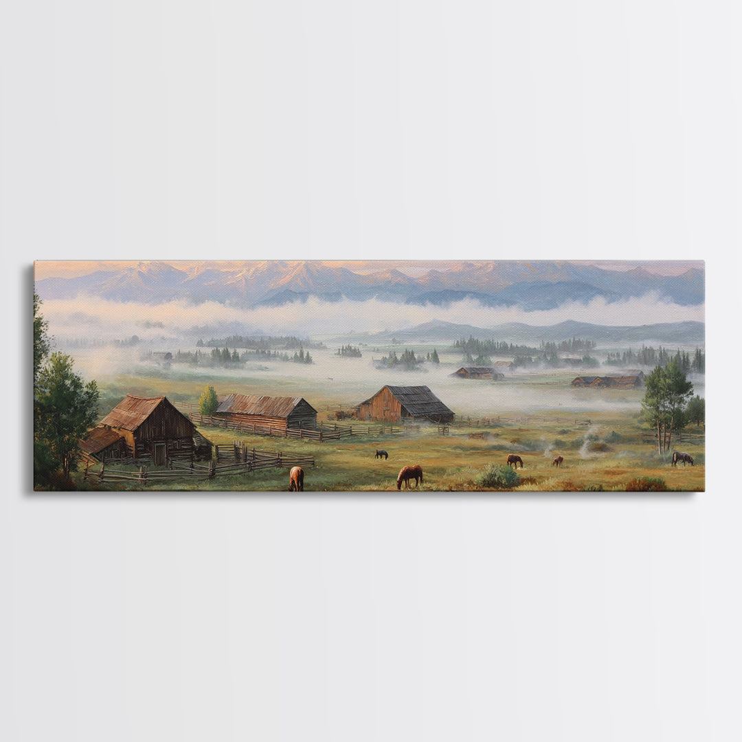Misty Mountain Ranch Wall Art, Rustic Farmhouse Landscape With Cattle, Country Home Decor, Large Living Room Canvas Print