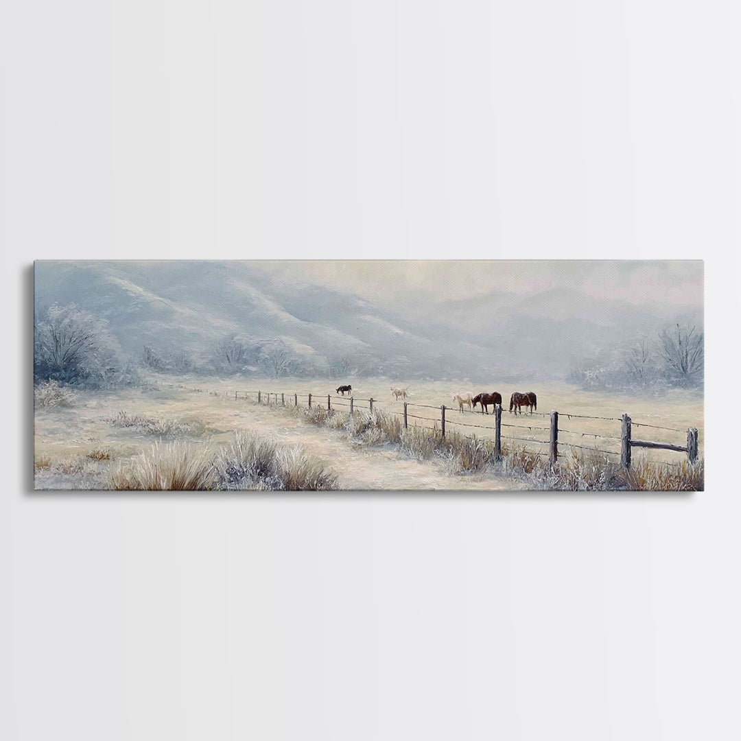 Snowy Pasture Horses Wall Art, Winter Ranch Landscape Canvas Print, Rustic Farmhouse Decor, Country Living Room Gift For Her