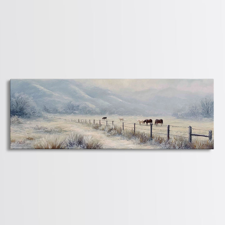 Snowy Pasture Horses Wall Art, Winter Ranch Landscape Canvas Print, Rustic Farmhouse Decor, Country Living Room Gift For Her