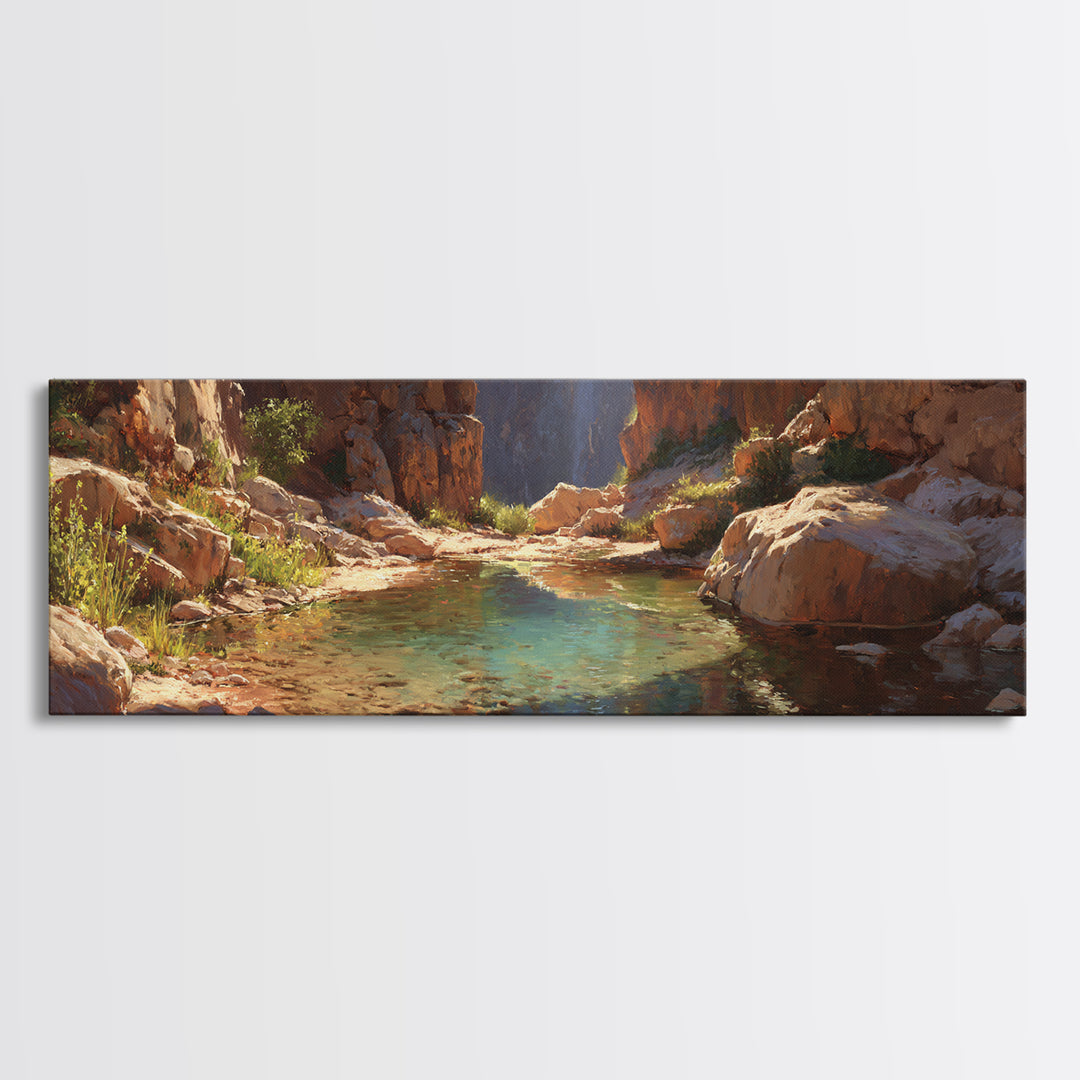Turquoise Canyon Oasis Stream Wall Art, Desert Landscape Painting, Southwestern Decor, Nature Canvas Print For Living Room