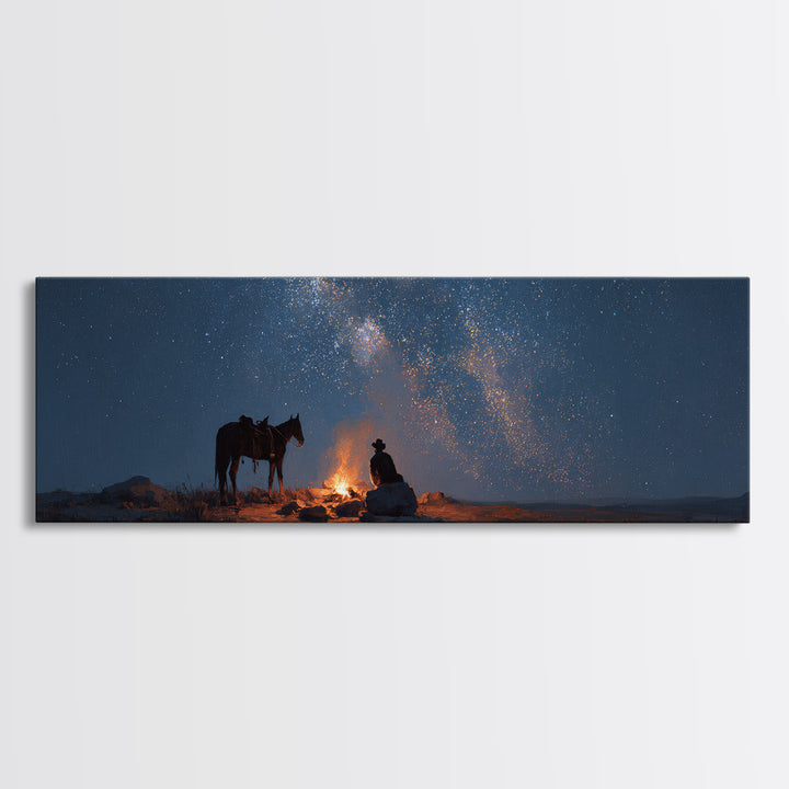 Cowboy Campfire Under Milky Way Wall Art, Western Night Sky Canvas Print, Rustic Desert Decor For Cabin And Man Cave Home Decor
