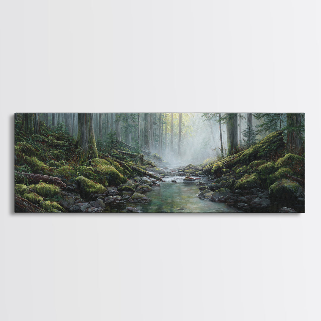 Misty Forest Stream Landscape Wall Art, Mossy Woodland Canvas Print, Nature Decor, Cabin Wall Decor, Calming Office Art Print