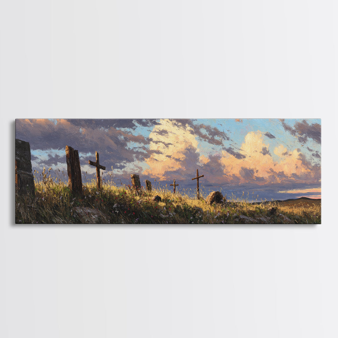Prairie Hill Crosses Wall Art, Rustic Christian Landscape At Sunset, Spiritual Farmhouse Living Room Decor, Large Canvas Print