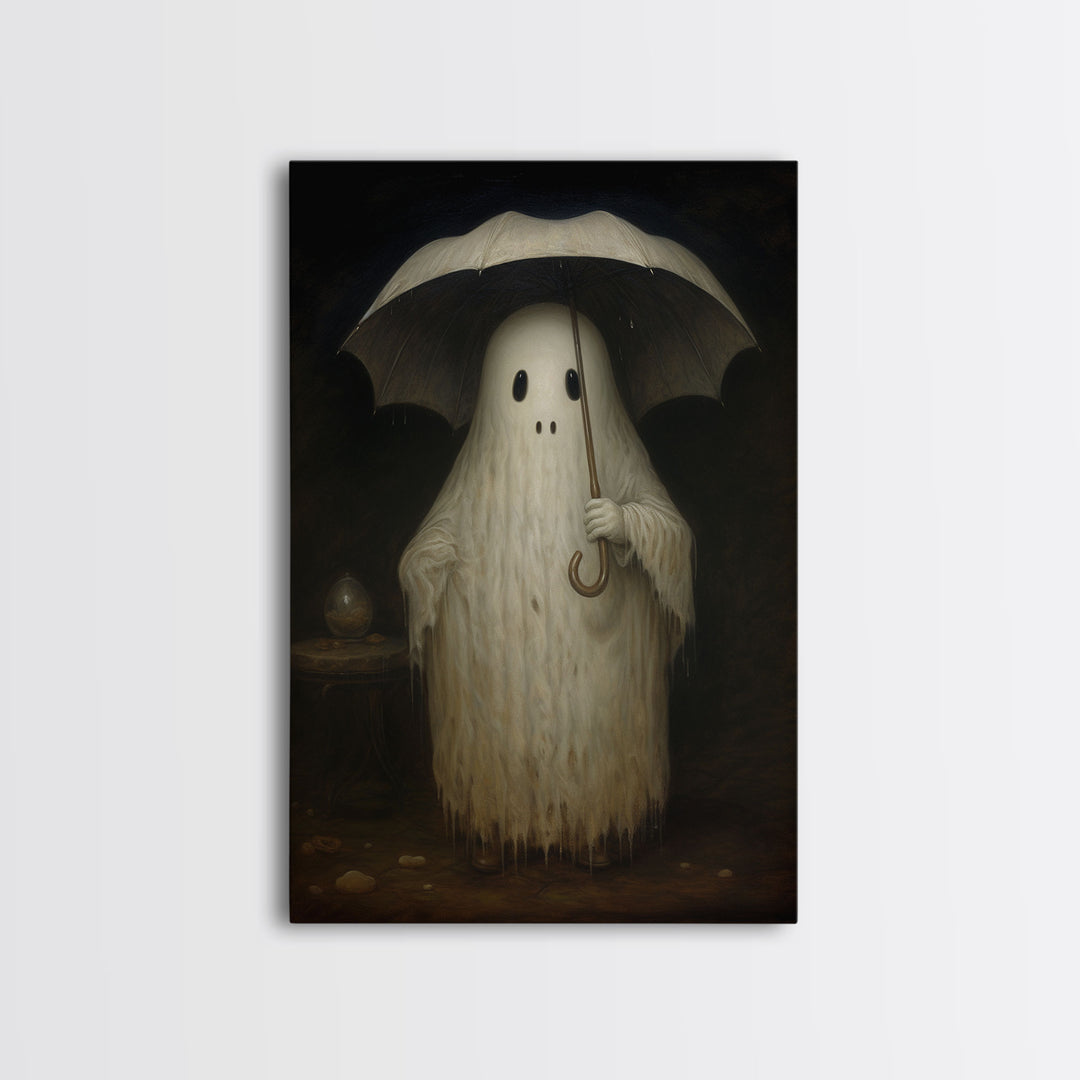 Cute Ghost Painting, Ghost In The Rain, Vintage Canvas, Art Canvas Print, Dark Academia, Haunting Ghost, Cute Halloween Decor