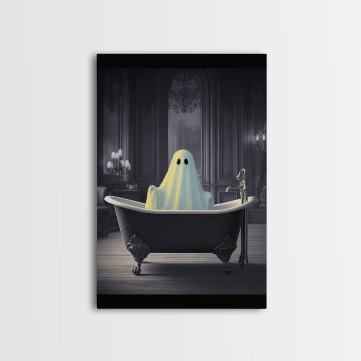 Funny Halloween Art, Ghost Takin' A Bath, Framed Canvas Print, Halloween Canvas, Ghost In The Tub, Goofy Gothic Victorian Art