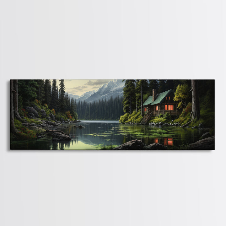 Cozy Cabin on The Lake, Framed Canvas Print, Farmhouse Decor, Landscape Painting, Unique Wall Art