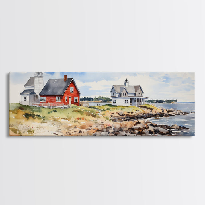 Maine watercolor painting Framed Canvas Print, Maine Seaside Print, Lupine Art Print, Maine Art Print, Lupine Painting, Maine landscape art