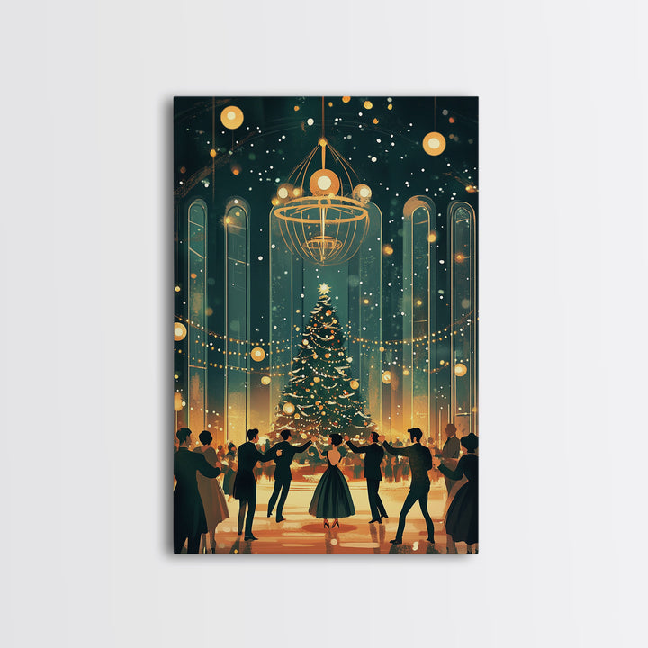 Elegant Ballroom Christmas Dance Scene with Holiday Lights and Decorations, Perfect Holiday Decor for Winter Wonderland, Framed Canvas Print