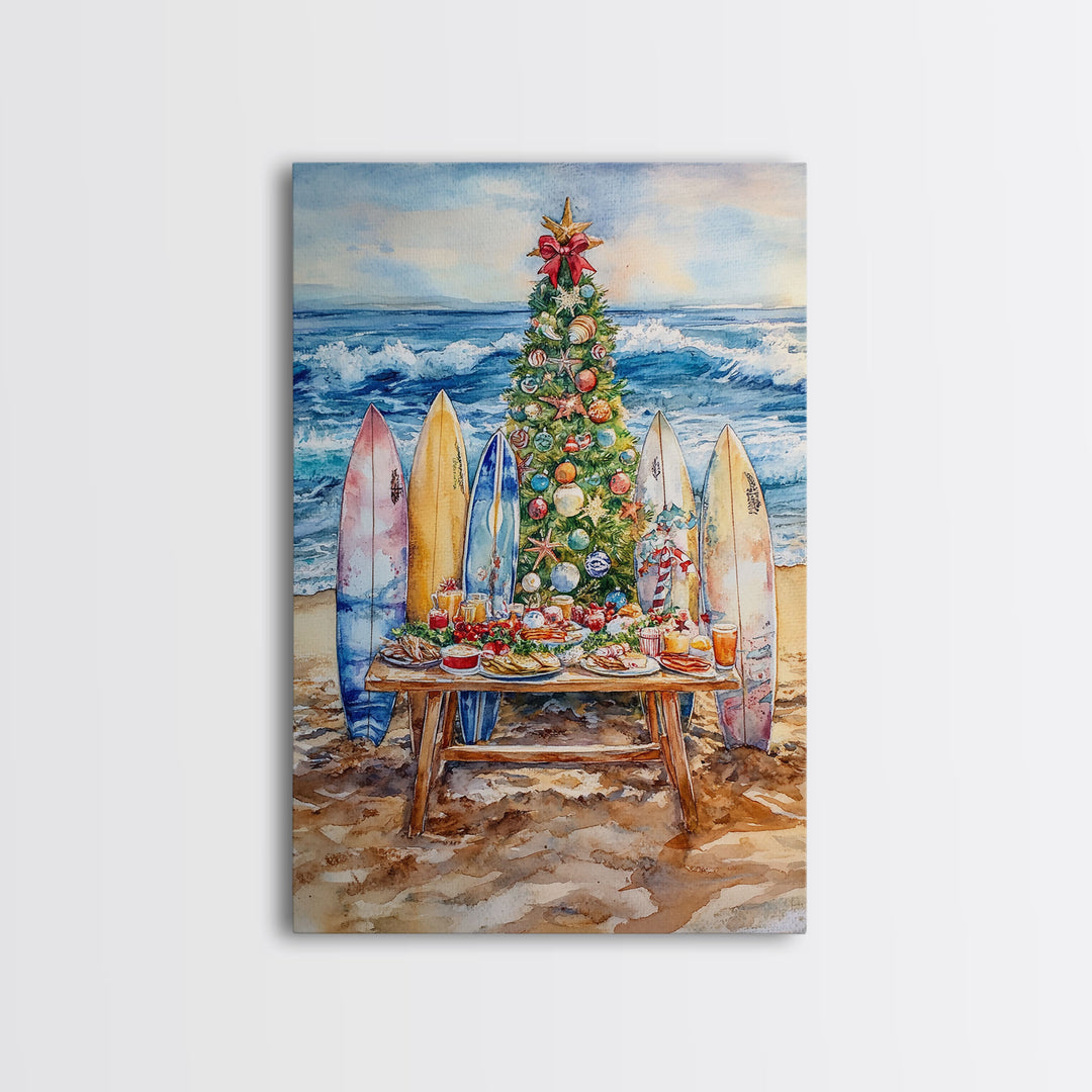 Christmas tree with surfboards on the beach, Framed Canvas Print tropical holiday wall art perfect beach Christmas decor holiday gift idea