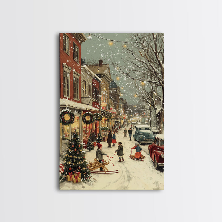 Vintage Christmas Town Scene with Children Playing in Snow, Holiday Street Decor and Wreaths, Framed Canvas Print for Winter Wall Art