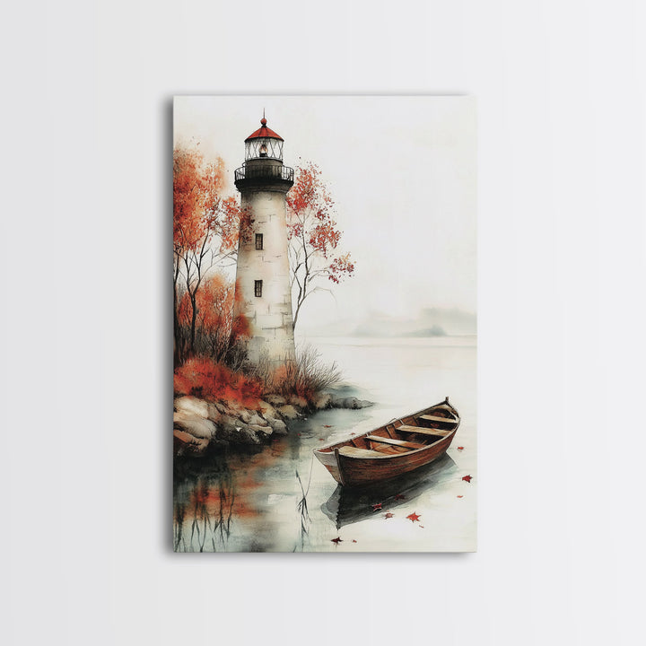 Lighthouse In The Fall, Framed Canvas Print, Fall Decor, Autumn Centerpiece Art, Boho Minimalist Style Wall Art
