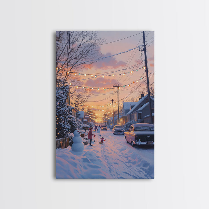Cozy Neighborhood Christmas Evening with Snowmen and Festive Lights, Perfect for Framed Canvas Print and Holiday Wall Art