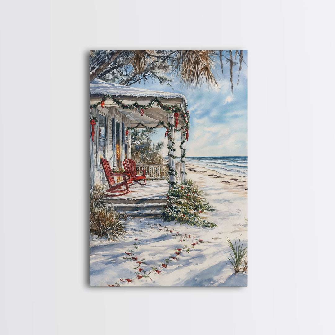 Surf Shack Decorated For Christmas, Tropical Christmas Wall Art, Canvas Print, Framed Wall Art, Christmas Vintage, Christmas Vacation Art