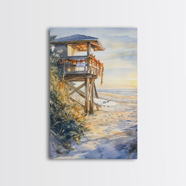 Lifeguard Shack Decorated For Christmas, Tropical Christmas Wall Art, Canvas Print, Wood Framed Wall Art, Christmas Vintage, Christmas