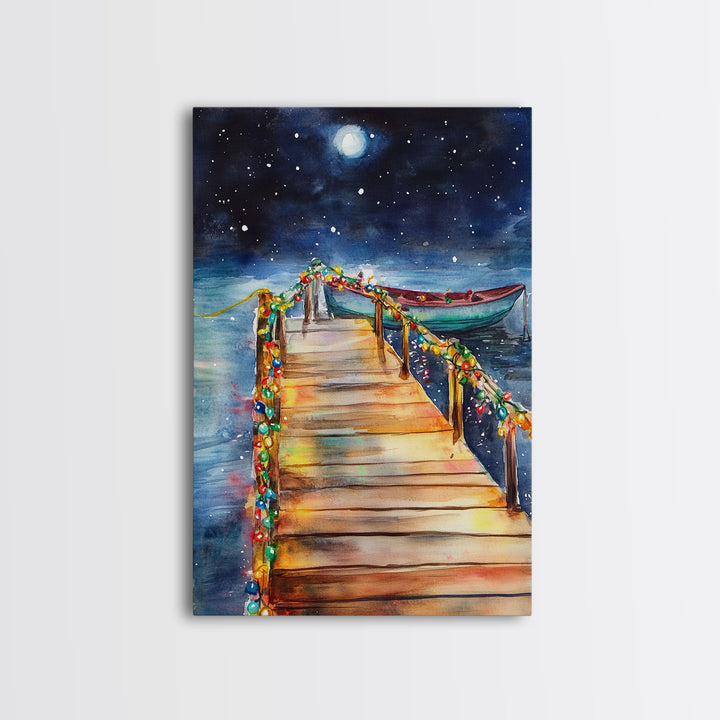 Lakeside Dock Decorated For Christmas, Nautical Christmas Wall Art Canvas Print, Farmhouse Christmas, Lake House Christmas Art