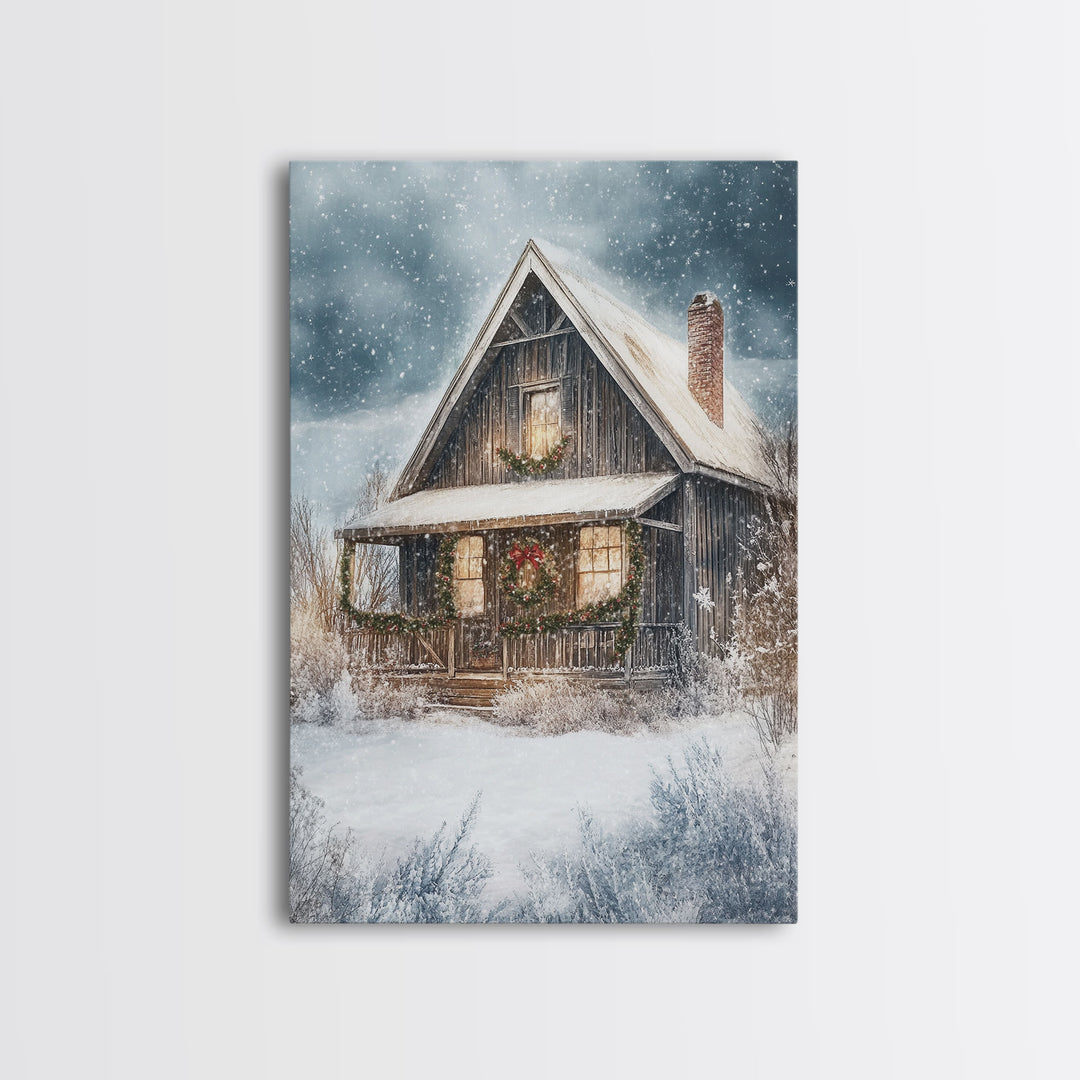 Beautiful Woods Cabin Framed Canvas Print, Extra Large Fall Decor, Mid Century Modern Winter Wall Art, Modern Christmas