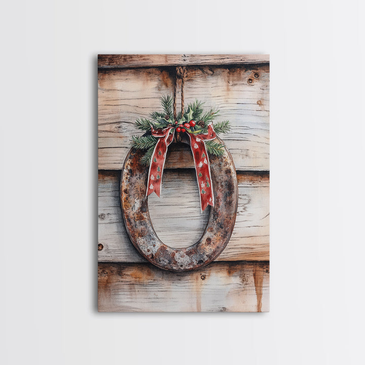 Christmas Horseshoe Framed Canvas Print, Horse Shoe With Mistletoe, Wood Framed Christmas Art, Western Decor, Boho Christmas, Minimalist