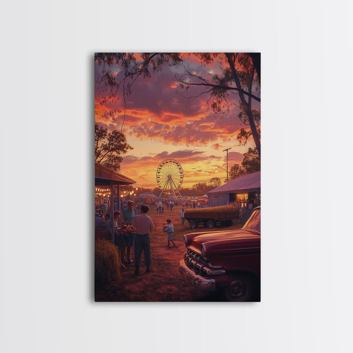 Rustic Country Fair at Sunset, Carnival Ferris Wheel and Warm Autumn Colors, Framed Canvas Print for Seasonal Home Decor
