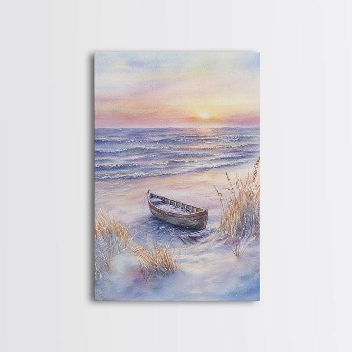 Abandoned Canoe On The Beach, Framed Canvas Print, Nautical Decor, Christmas Outdoor Decor, Christmas Prints Wall Art