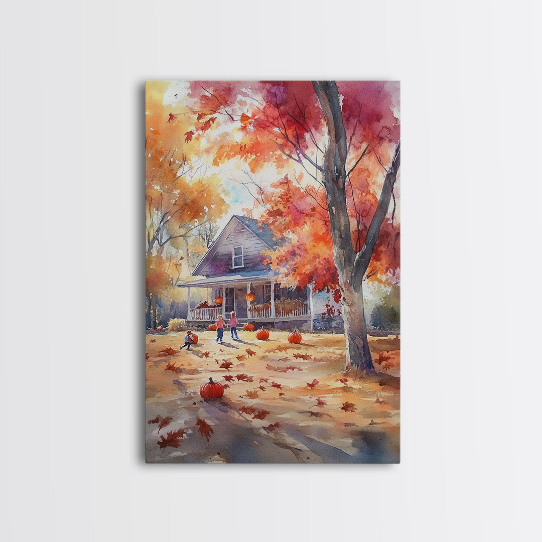Kids Playing In Fall Leaves Framed Canvas Print Autumn Country Wall Art Farmhouse Decor Best Gift Idea Seasonal Holiday Wall Art