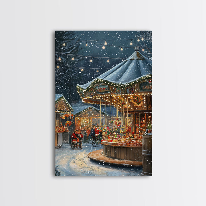 Christmas Carousel at a Snowy Night Market with Festive Lights and Ornaments, Framed Canvas Print for Christmas Wall Decor
