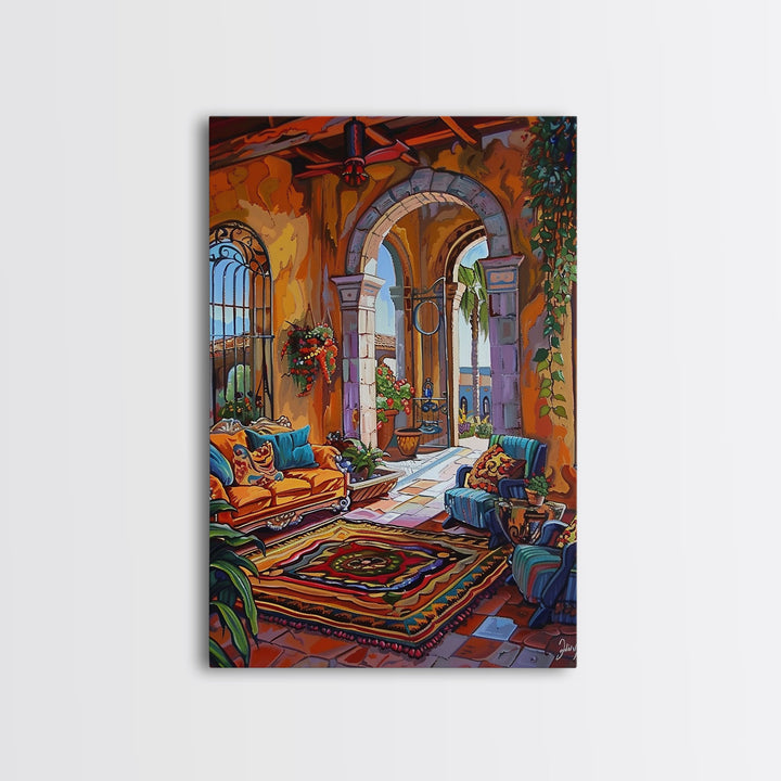 Mediterranean Lounge With Mountain View Framed Canvas Print Spanish Style Patio Wall Art Home Decor Best Gift Seasonal Above Sofa Art