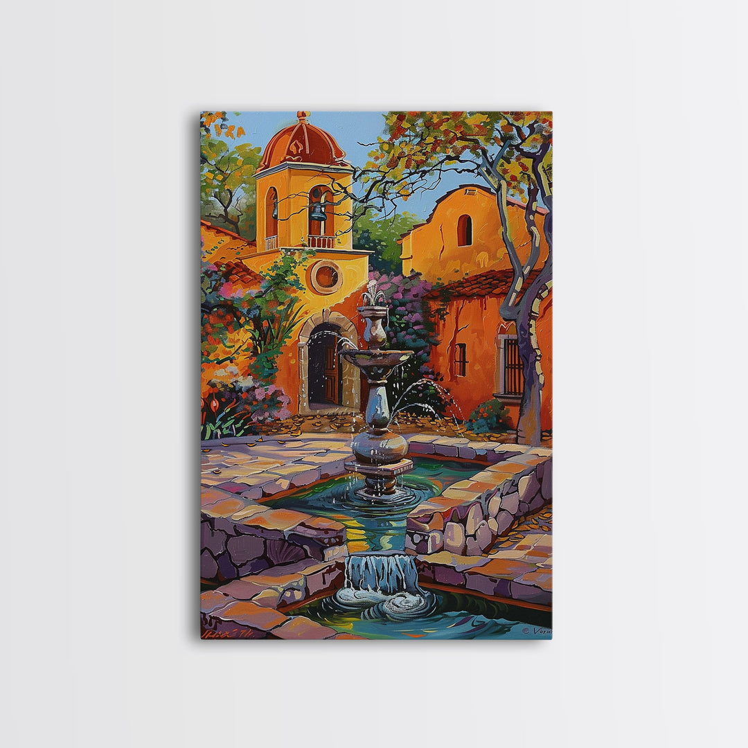 Mexican Style Framed Canvas Print Tall Art Vibrant Outdoor Fountain Scene With Colorful Architecture