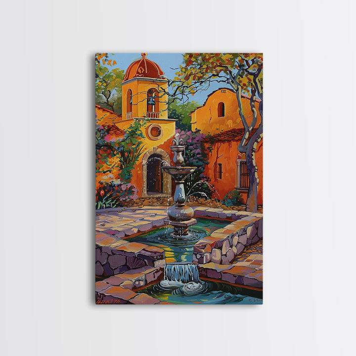 Mexican Style Framed Canvas Print Tall Art Vibrant Outdoor Fountain Scene With Colorful Architecture