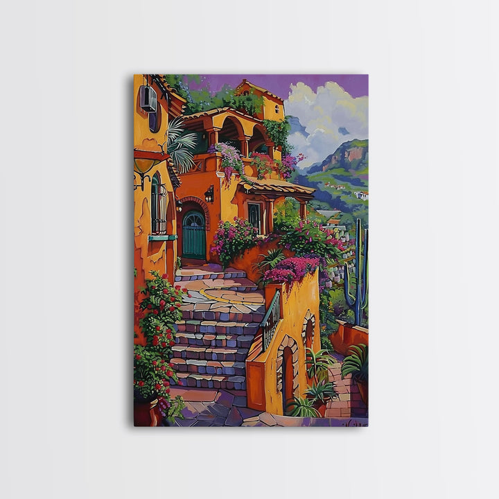 Framed Canvas Print Tall Art Mexican Style Scenic Steps Lined With Colorful Flowers And Architecture