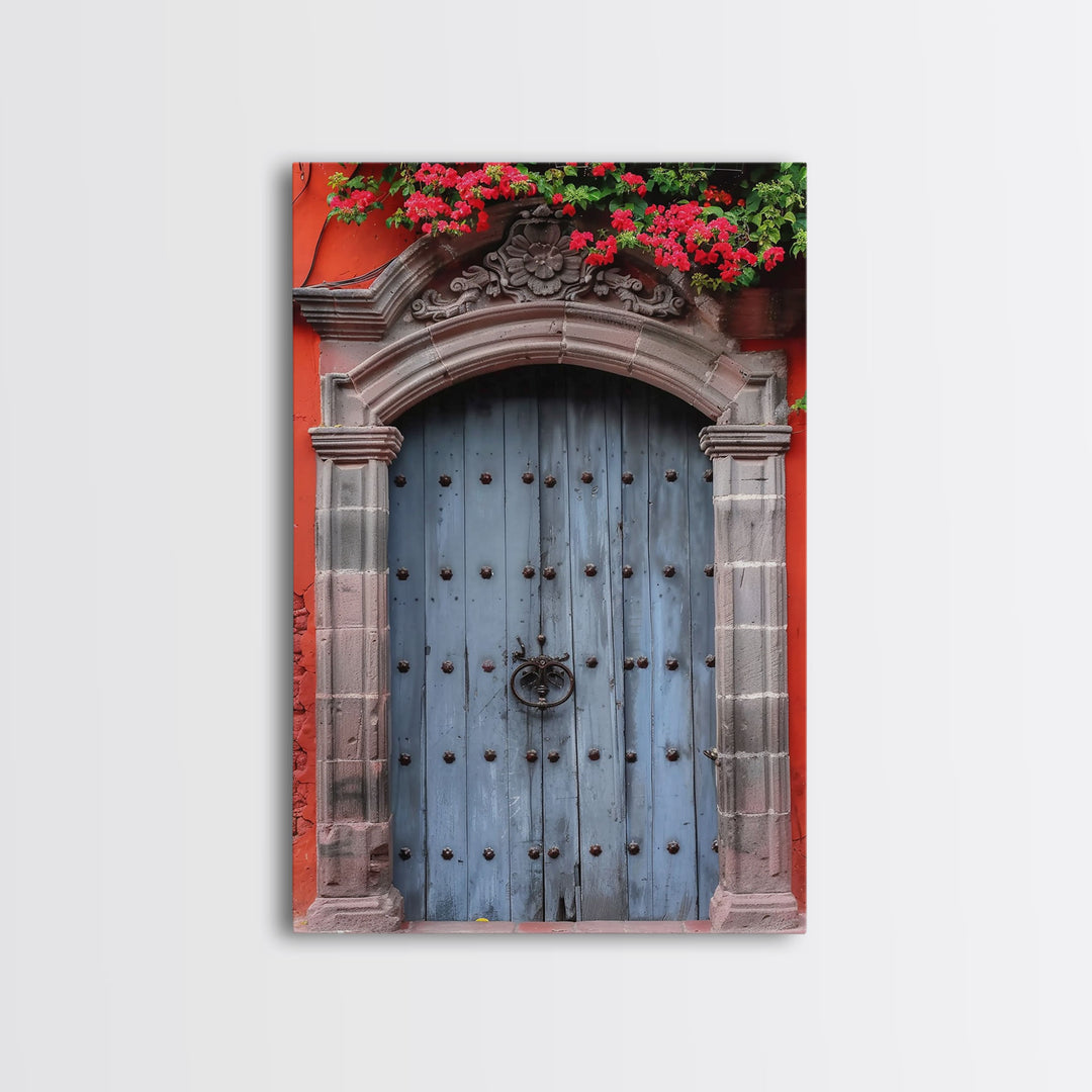 Mexican Style Colorful Architecture Framed Canvas Print Tall Art Depicting Traditional Blue Doors