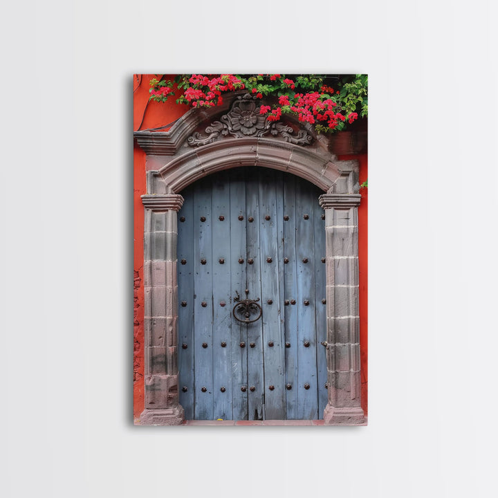 Mexican Style Colorful Architecture Framed Canvas Print Tall Art Depicting Traditional Blue Doors