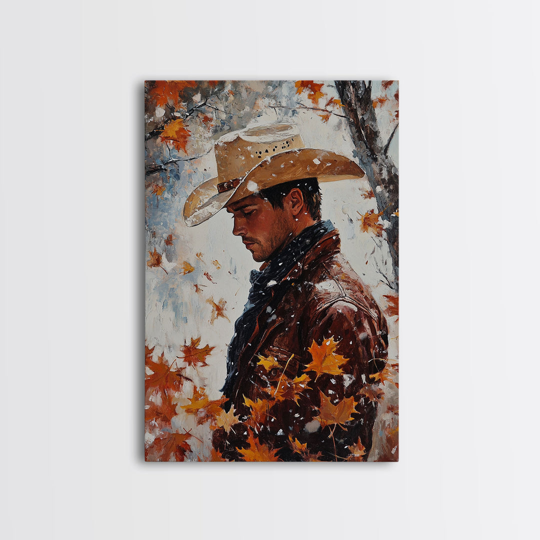 Rustic Cowboy Holiday Art Framed Canvas Print with Falling Leaves, Perfect Autumn Decor and Seasonal Gift Idea 2024