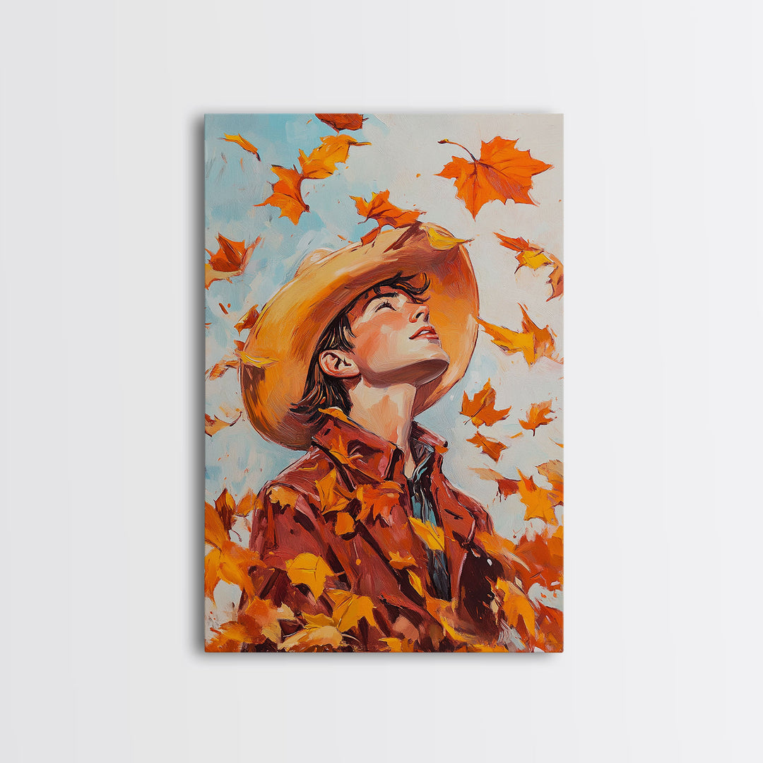 Cowboy Fall Decor Canvas Print with Windblown Leaves, Rustic Farmhouse Autumn Holiday Wall Art Seasonal Gift Idea 2024