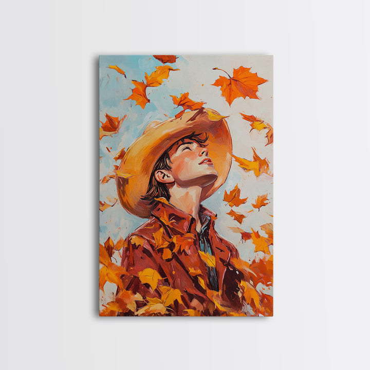 Cowboy Fall Decor Canvas Print with Windblown Leaves, Rustic Farmhouse Autumn Holiday Wall Art Seasonal Gift Idea 2024