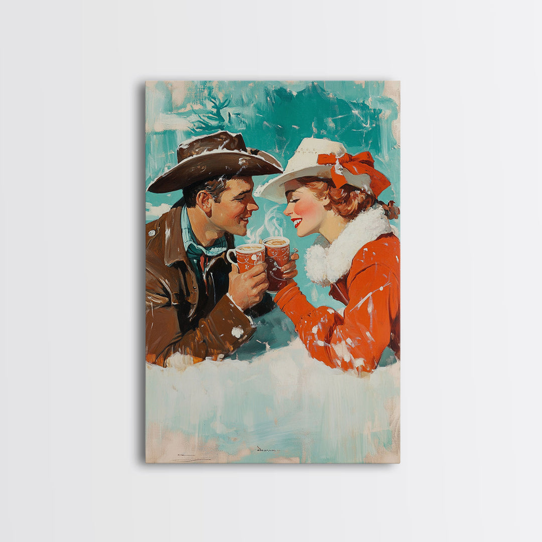 Cozy Couple Hot Cocoa Framed Canvas Print - Retro Vintage Christmas Art 2024 Christmas Decor Perfect for Holiday Wall Art