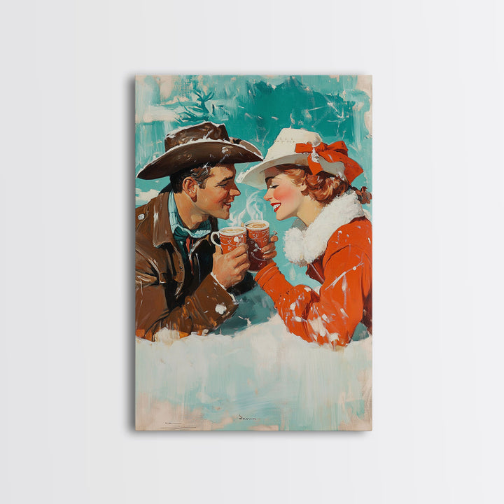 Cozy Couple Hot Cocoa Framed Canvas Print - Retro Vintage Christmas Art 2024 Christmas Decor Perfect for Holiday Wall Art