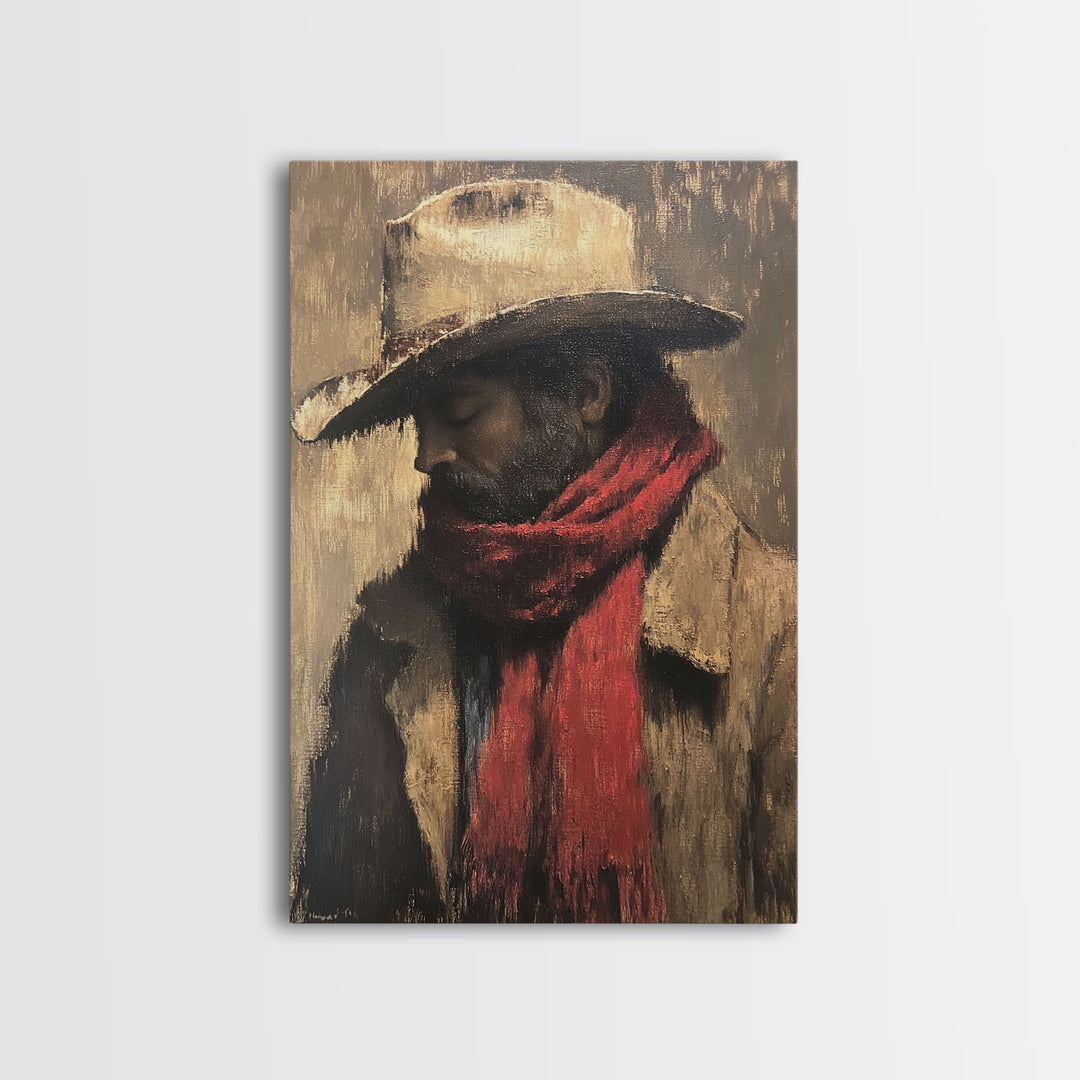 Moody Cowboy with Red Scarf Framed Canvas Print - Rustic Winter Landscape Art Best Gift Idea 2024 Christmas Wall Art