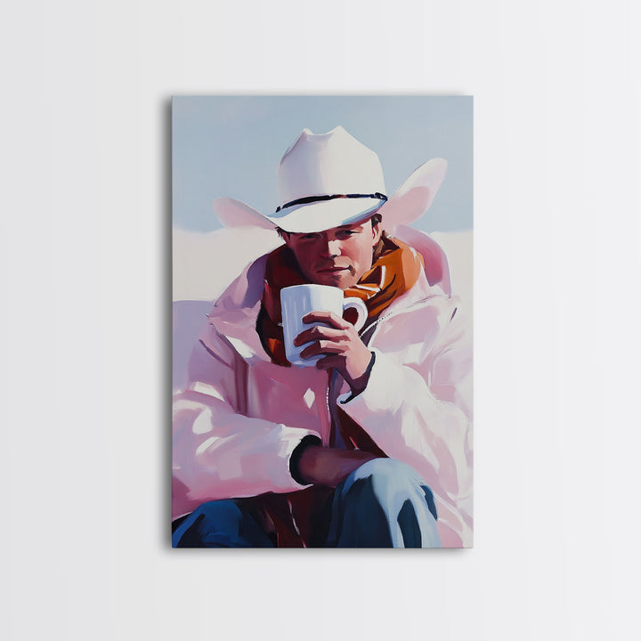 Cowboy with Mug in Snow Framed Canvas Print - Winter Country Scene Art Best 2024 Christmas Wall Decor Gift Idea