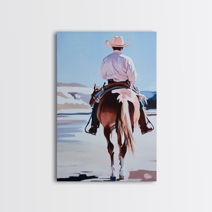 Cowboy Riding Horse Autumn Path with Fall Leaves Framed Canvas Print Vintage Christmas Wall Art Winter Landscape Christmas Decor Gift Idea