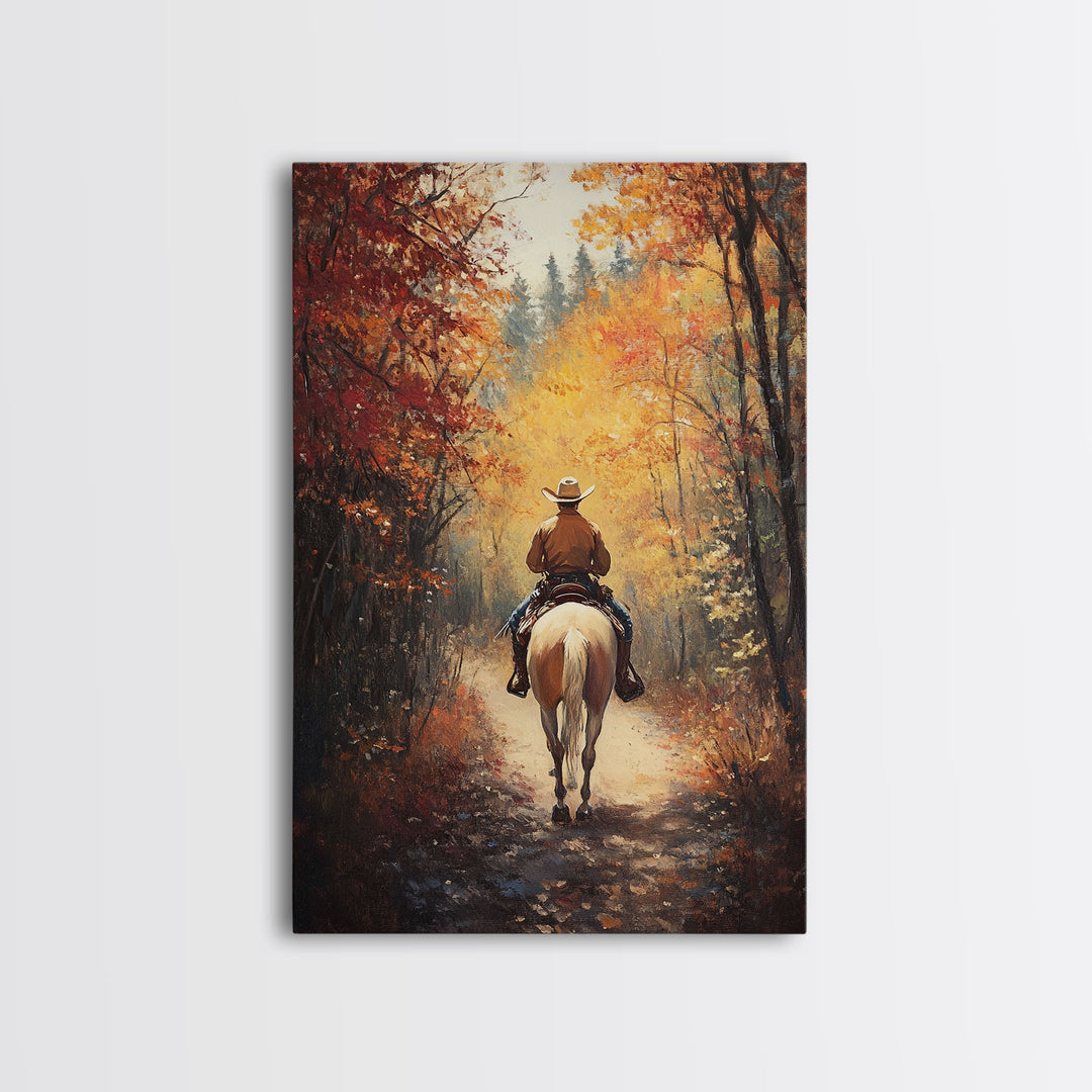 Cowboy Rider in Vibrant Autumn Forest Canvas Print Fall Season Wall Art Gallery Wall Christmas Wall Decor Vintage Cowboy Art Gift Idea