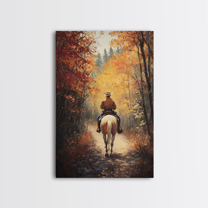 Cowboy Rider in Vibrant Autumn Forest Canvas Print Fall Season Wall Art Gallery Wall Christmas Wall Decor Vintage Cowboy Art Gift Idea