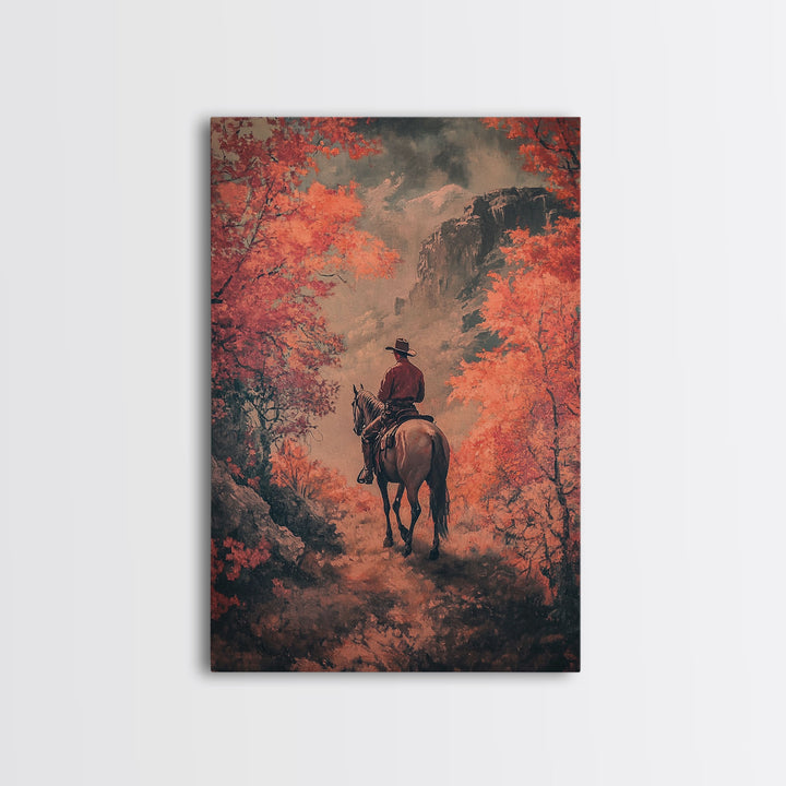 Cowboy in Forested Autumn Trail Framed Canvas Print Vintage Christmas Wall Decor Autumn Landscape Christmas Art Print Country Christmas