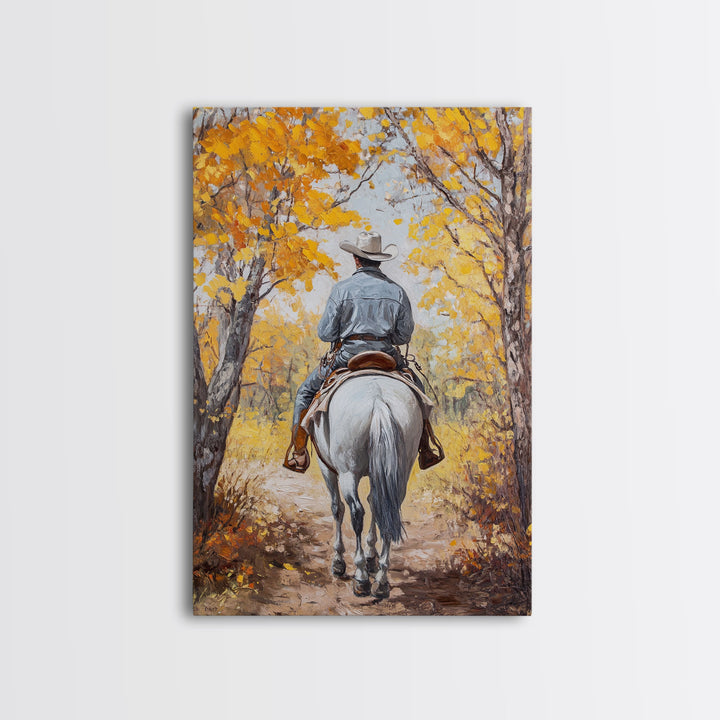Lone Cowboy Riding Through Red Autumn Trees Framed Canvas Print Vintage Christmas Wall Art Fall Decor Winter Wonderland Seasonal Wall Art