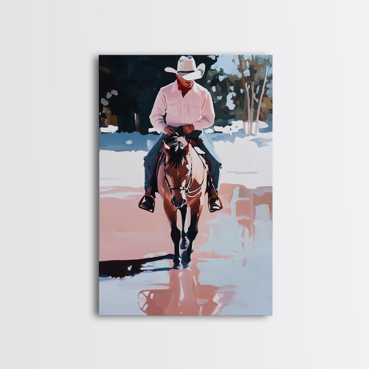 Cowboy Riding Through Snowy Winter Woods Framed Canvas Print Vintage Christmas Wall Art Winter Landscape Decor Landscape Christmas Decor