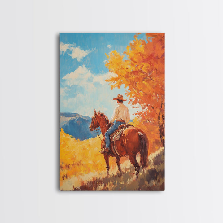 Cowboy in Colorful Autumn Trail Framed Canvas Print Country Christmas Decor Fall Wall Art Vintage Christmas Decor Gift Idea Gallery Wall Art