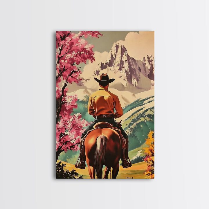 Cowboy Rider in Autumn Field with Mountains Framed Canvas Print Fall Landscape Wall Art Christmas Wall Decor Vintage Christmas Gift Idea